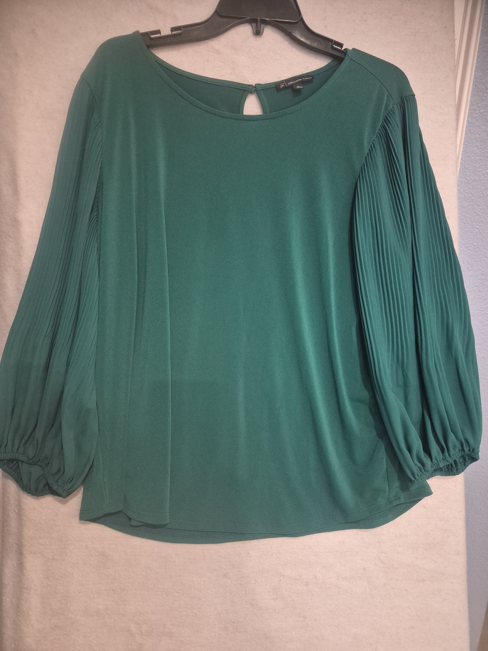 Adrianna Papell Emerald Green Pleated Balloon Sleeve Blouse Xl 100% Polyester